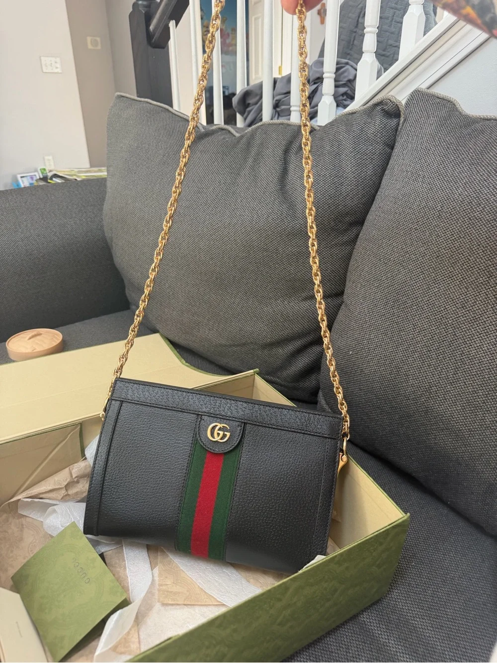 Black Women's Shoulder Bag with Green-Red Web Stripe and Gold Chain